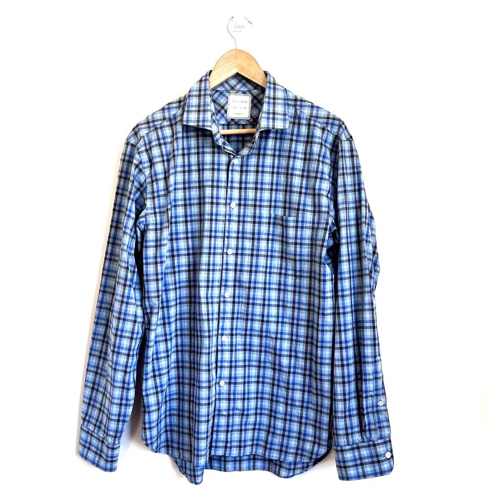 Billy Reid Standard Cut Plaid Mens Shirt Size M Blue‎ Preppy Academia Button Up